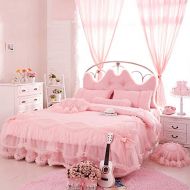 Auvoau Korean Rural Princess Bedding，Delicate Floral Print Lace Duvet Cover，Baby Girl Fancy Ruffle Wedding Bed Skirt，Princess Luxury Bedding Set 4PC (Full, Pink)
