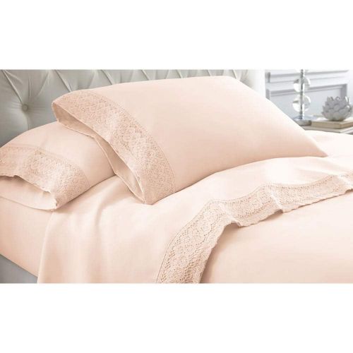  Amrapur Overseas 1MFLACEG-BLS-QN 4-Piece Crochet Lace Bed Sheet Set, Queen, Blush