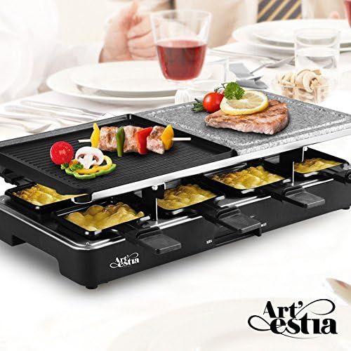  Artestia Electric Raclette Grill with Two Half Top Plates(Non-Stick Reversible Aluminum and High Density Granite Grill Stone), Serve the whole family (Half Stone and Half Aluminum