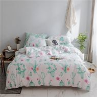 LELVA Floral Bedding for Girls 4 Piece Cactus Print Pattern Duvet Cover Set Queen Comforter Cover Set Green Cotton