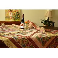 Tache Home Fashion Tache Square Floral Woven Tablecloth - Yuletide Blooms - Red, Beige Patchwork Tapestry Table Linen - 5598-59 X 59 Inch