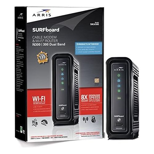  ARRIS Surfboard SBG6580-2 8x4 DOCSIS 3.0 Cable ModemWi-Fi N600 (N300 2.4Ghz + N300 5GHz) Dual Band Router - Retail Packaging Black (570763-034-00)