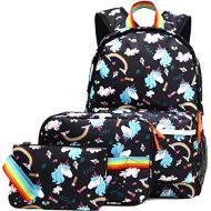 [아마존 핫딜]  [아마존핫딜]Kemys Unicorn Backpack for Girls School Bookbag 3 Pieces Cute Inicorn Rainbow Book Bags 14inch Laptop Bag for Girl, Black