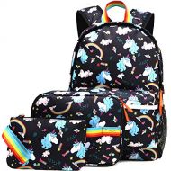 Kemys Unicorn Backpack for Girls School Bookbag 3 Pieces Cute Inicorn Rainbow Book Bags 14inch Laptop Bag for Girl, Black