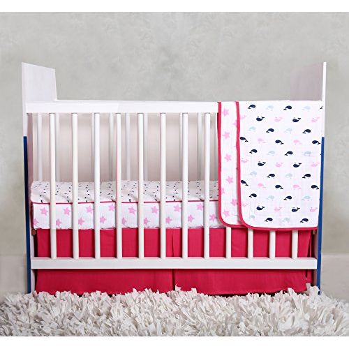  Bacati Nautical Whales/Boats/Stars Muslin 3pc Crib Set with 4 Layer Lux Muslin Dream Blanket (Girls Pink/Navy)