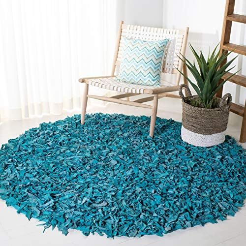  Safavieh Leather Shag Collection LSG511L Hand Woven Light Blue Leather Round Area Rug (6 Diameter)