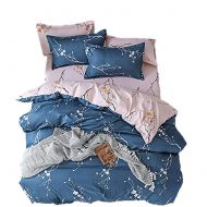 BeddingWish Polyester Floral Duvet Cover Sets for Women Girls White Orange Flowers String Printed 1 Comforter Cover with Ziper + 2 Pillowcases, Navy Blue Beige Queen Size