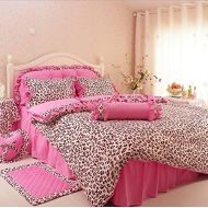 LELVA Pink Leopard Print Princess Bedding Sets, Cotton Ruffle Bedding Set, Bedding Sets Korea, Bedding for Girls, Bed Skirt Design,Twin/Full/Queen/King Size (Queen)