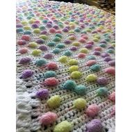 LovelyGR Crochet Baby Blanket White Acrylic Soft Yarn Multicolored Pom Pon