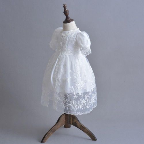  Romping House Baby Girls 3Pcs Organza Lace-Overlay Christening Gown Baptism Dress With Bonnet