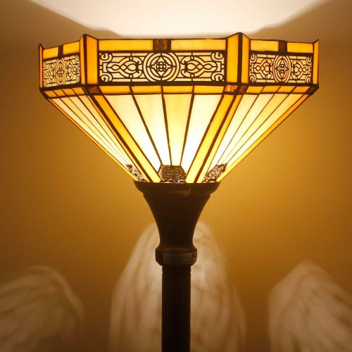  WERFACTORY Tiffany Style Torchiere Light Floor Standing Lamp Wide 12 Tall 66 Inch Yellow Hexagon Stained Glass and Mission Style Lampshade for Living Room Bedroom Antique Table Set S011 WERFA