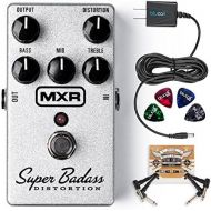 MXR M75 Super Badass Distortion Pedal Bundle with Blucoil Slim 9V 670ma Power Supply AC Adapter, 2-Pack of Pedal Patch Cables, and 4-Pack of Celluloid Guitar Picks