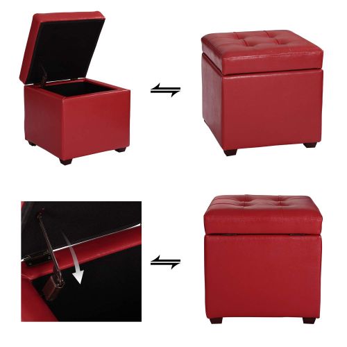  Adeco Bonded Leather Square Tufted Cubic Cube Storage Ottoman Footstool, 16 Inch Height, Red