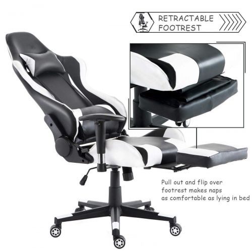  NanaPluz BlackWhite Rolling Office Racing Recliner Gaming Chair High Back Seat wRetractible Footrest with Ebook