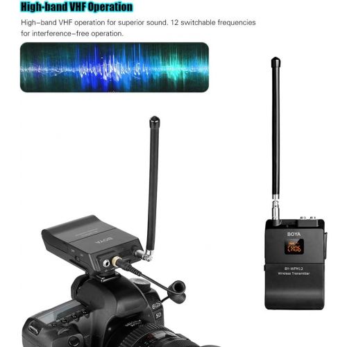  BOYA BY-WFM12 VHF Wireless Microphone System with Omni-Directional Lavalier Microphone 12 Switchable Frequencies 3.5mm Mini Jack for Smartphone DSLR Camera Camcorder with Andoer Cl