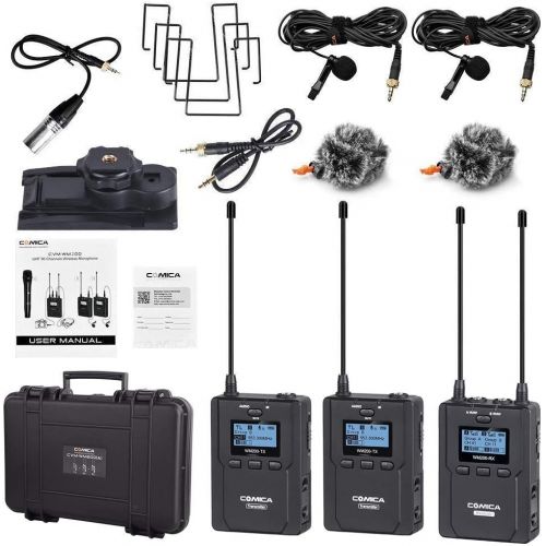  Comica CVM-WM200(A) 96-Channel Full Metal UHF Professional Wireless Dual Lavalier Microphone System for Canon Nikon Sony Panasonic DSLR Camera,XLR camcorder & Smartphone (394-Foot