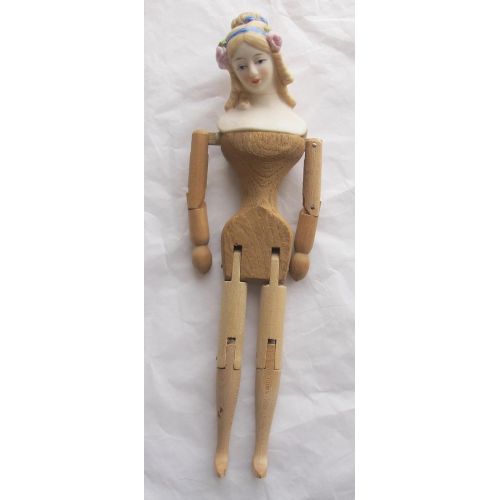  Shackman, made in Japan SHACKMAN Hand Made ANTIQUE BISQUE DOLL 9-1/2 Tall a EUROPEAN MUSEUM Reproduction w Jointed WOOD ARMS & LEGS (Circa 1960s Made in JAPAN)