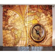 Ambesonne Antique Decor Curtains, Compass On an Ancient World Map Historic Borders Century-Old Antiquity, Living Room Bedroom Decor, 2 Panel Set, 108 W X 84 L inches