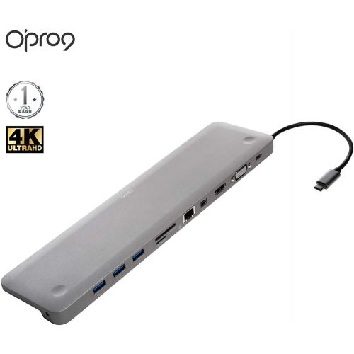  OPRO9 Opro9 11-in-1 Type-C to HDMI, VGA or MiniDP Display, SD Card Reader, 3 x USB 3.0 Hub Ports, Gigabit Ethernet Adapter Cable and Stereo Headphone Jack for MacBookMacBook Pro Gray