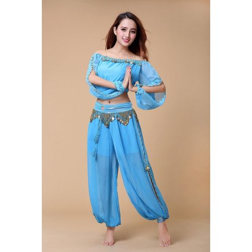  ZLTdream Belly Dance Chiffon Long Sleeves Top and Lantern Coins Pants