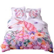 KomForme WINLIFE Pink Unicorn Print Duvet Cover Set Floral Pattern Granddaughter, Girls Gift Bedding Set King A
