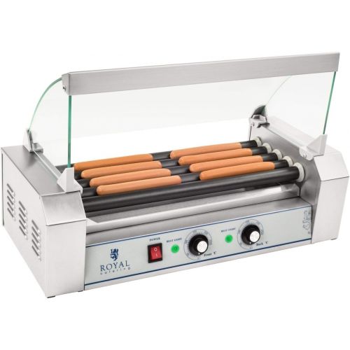  Royal Catering Hot Dog Grill Hot Dog Maschine Hot Dog Maker (5 Rollen, Platz fuer 8 Wuerstchen, teflonbeschichtet, 1.000 W, 2 Heizzonen, Edelstahl) silber