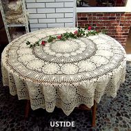 USTIDE 70 inch Round Cotton Crochet Lace Tablecloth Beige Vintage Woven Dining Kitchen Table Cover