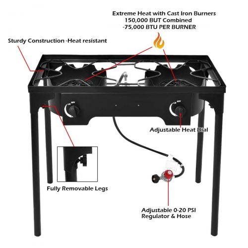  Apontus Double Burner Gas Propane Cooker Outdoor Camping Picnic Stove Stand BBQ Grill