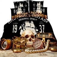HyUkoa Bedding Nautical Map and pirate Ship Treasures Skull Pattern Bedding Teens/Adult/Boys Bedclothes 4 Piece(1pc Duvet Cover+1pc Flat Bed Sheet +2pc Pillowcase) Full Size