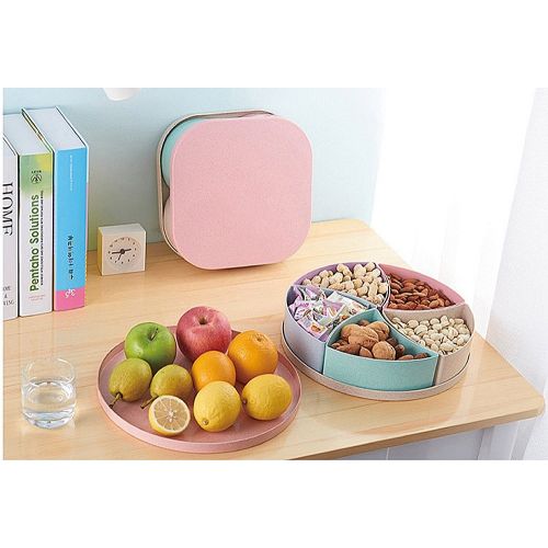  Snack Serving Tray, Umiwe 5-Section Divided Round Wheat Straw Serving Dish Appetizer Platter Fruit Plate Nut Bowl Candy Box Holder for Wedding Festival Guests Entertainment
