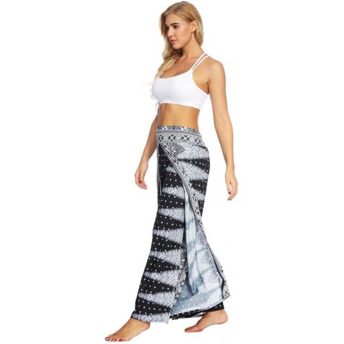  Fanteecy Women Boho Print High Slit Flowy Wide Leg Layered Yoga Pants Aladdin Casual Palazzo Trousers