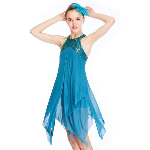 MiDee Lyrical Costume Athletic Dance Dresses Halter Neck 2 Layers A-Line Dress for Girls