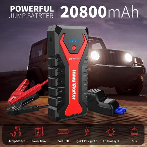  DBPOWER 2000A 20800mAh Portable Car Jump Starter (up to 8.0L Gas/6.5L Diesel Engines) Auto Battery Booster Pack with Dual USB Outputs, Type-C Port, and LED Flashlight
