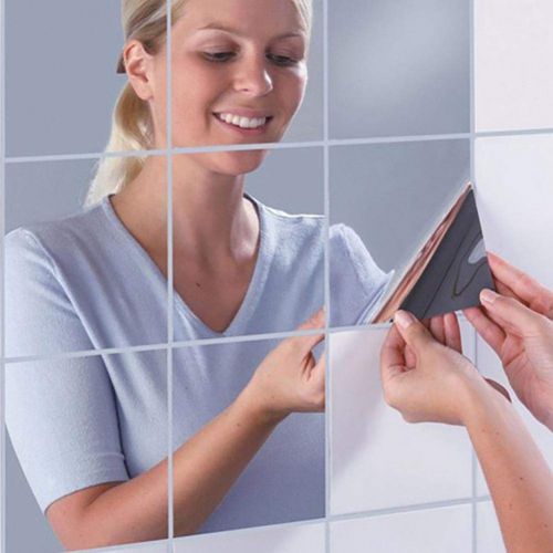  AOLVO Square Mirror Sheets, Bathroom Mirror Wall stickers Flexible Acrylic Self Adhesive Mirrored Tiles for Home Decor 9pcs