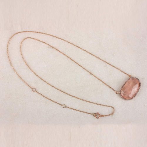  AnjisTouch Genuine 9.68 Ct. Morganite Gemstone Charm Pendant Solid 14k Rose Gold Pave Diamond Wedding Necklace Handmade Fine Jewelry Gift For Her