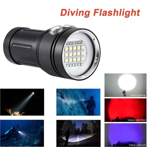  Cozyel 25000 Lumen CREE 15x XM-L2+6X Red+6X UV LED Professional Diving Flashlight, Bright LED Submarine Light Scuba Safety Lights Waterproof Underwater 100M Torch for Outdoor Under