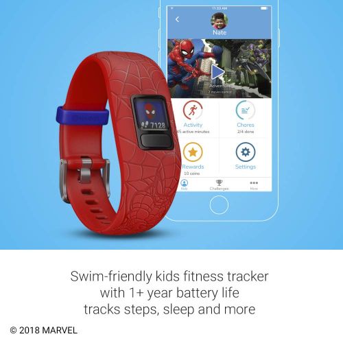 가민 Garmin vivofit jr 2, Kids Fitness/Activity Tracker, 1-Year Battery Life, Adjustable Band, Marvel Spider-Man, Red