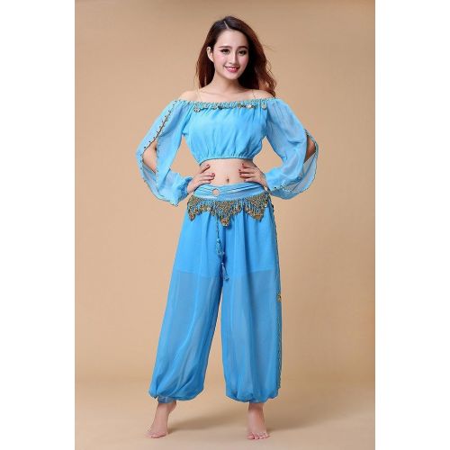  ZLTdream Belly Dance Chiffon Long Sleeves Top and Lantern Coins Pants