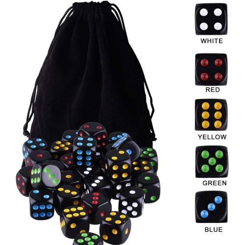  [아마존베스트]AUSTOR 50 Pcs Dice Set 6 Sided Rounded Edges Black Dice with Colorful Pips with a Free Storage Bag