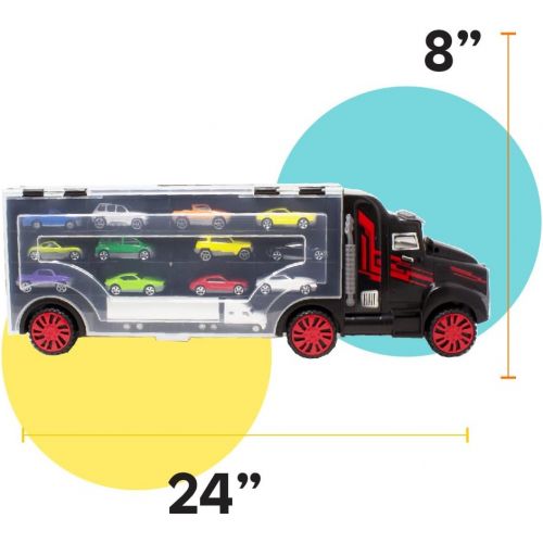  Boley 22Piece Mighty Truck Carrier - Big Rig Hauler Truck Transport with Slots for Car Transport - Great for Kids, Toddlers, Children - Boys & Girls Cars & Trucks Toys, Multicolor