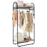 [아마존 핫딜] LANGRIA Compact Free-Standing Garment Rack Made of Sturdy Iron with Spacious Storage Space, 2 Shelves, 1 Clothes Hanging Rod, Heavy Duty Clothes Organizer for Bedroom, Entryway (Bl