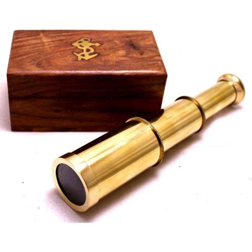  [아마존베스트]Krishna Mart Captains 6 Brass Handheld Mini Telescope with Wooden Box Nautical Collectibles