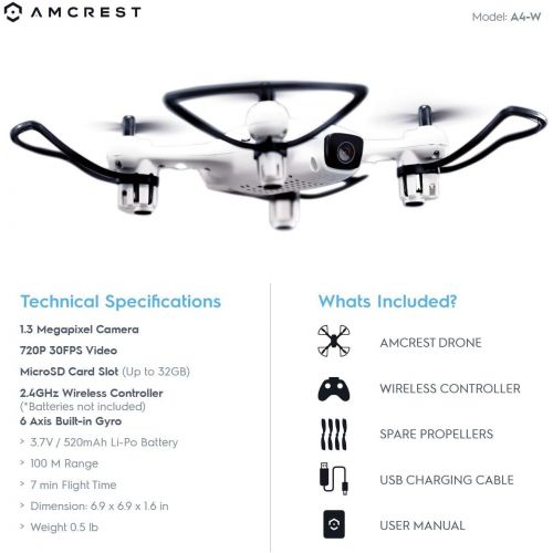  Amcrest A4-W Skyview WiFi FPV Drone Quadcopter wCamera HD 720P, Training Drone for Beginner & Kids, RC + 2.4ghz WiFi Helicopter wRemote Control, Headless Mode, Smartphone Control