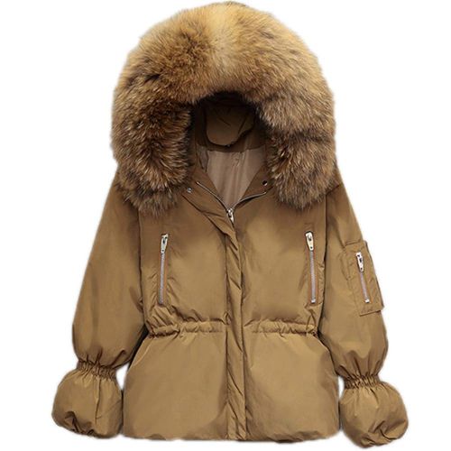  LQYRF Ladies Puff Sleeve Fur Collar Hooded Short Zipper Loose Thick Caramel Down Jacket 66%~70% White Duck Down Polyester