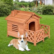 상세설명참조 Tangkula Pet Dog House, Wooden Dog Room with Porch & Fence, Raised Vent and Balcony for Outdoor & Indoor Use, Pet House Shelter for Puppies and Dogs, Wood Dog House Dog Kennel