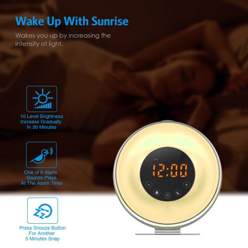  AMIR Wake-Up Light Beside Lamp Alarm Clock with Sunrise Simulation, 6 Natural Sounds, Touch Sensor Multicolor Dimmable Night Light