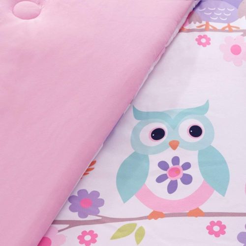  OV 8 Piece Girls Pink White Green Animal Print Pattern Comforter Set Full Sized with Sheets, Light Pink Sky Blue Purple Owl Little Birds Daisy Flower, Adorable Multi Kids Bedding Cont