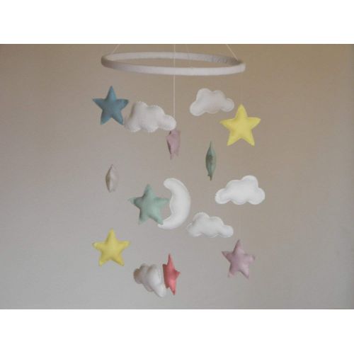 RainbowSmileShop Cloud mobile, Baby Crib Mobile, Felt Stars, Clouds, Moon, Baby cloud mobile, Nursery Decor, Nursery mobile, pastel colors