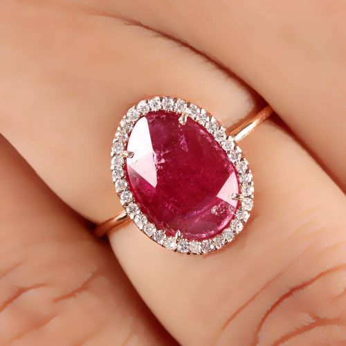  AnjisTouch Genuine 1.37 Ct Pink Tourmaline Gemstone Cocktail Ring Diamond Pave Solid 14k Rose Gold Fine Jewelry Gift For Her