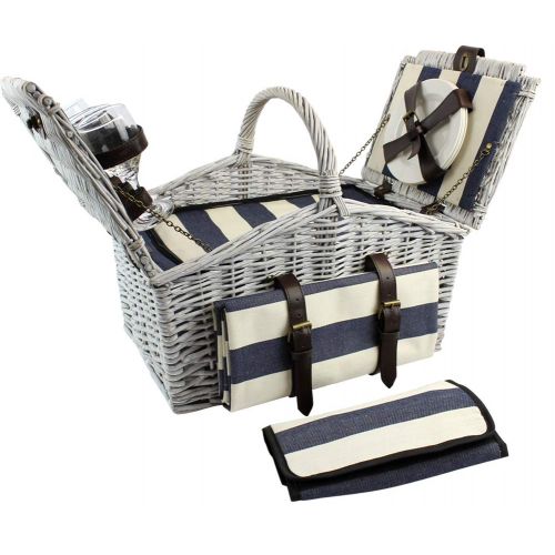  HappyPicnic Huntsman Willow Picnic Hamper for 4 Persons with Built-in Insulated Cooler, Wicker Picnic Basket with Canvas Stripe Lining, Willow Picnic Set, Picnic Gift Basket (Navy